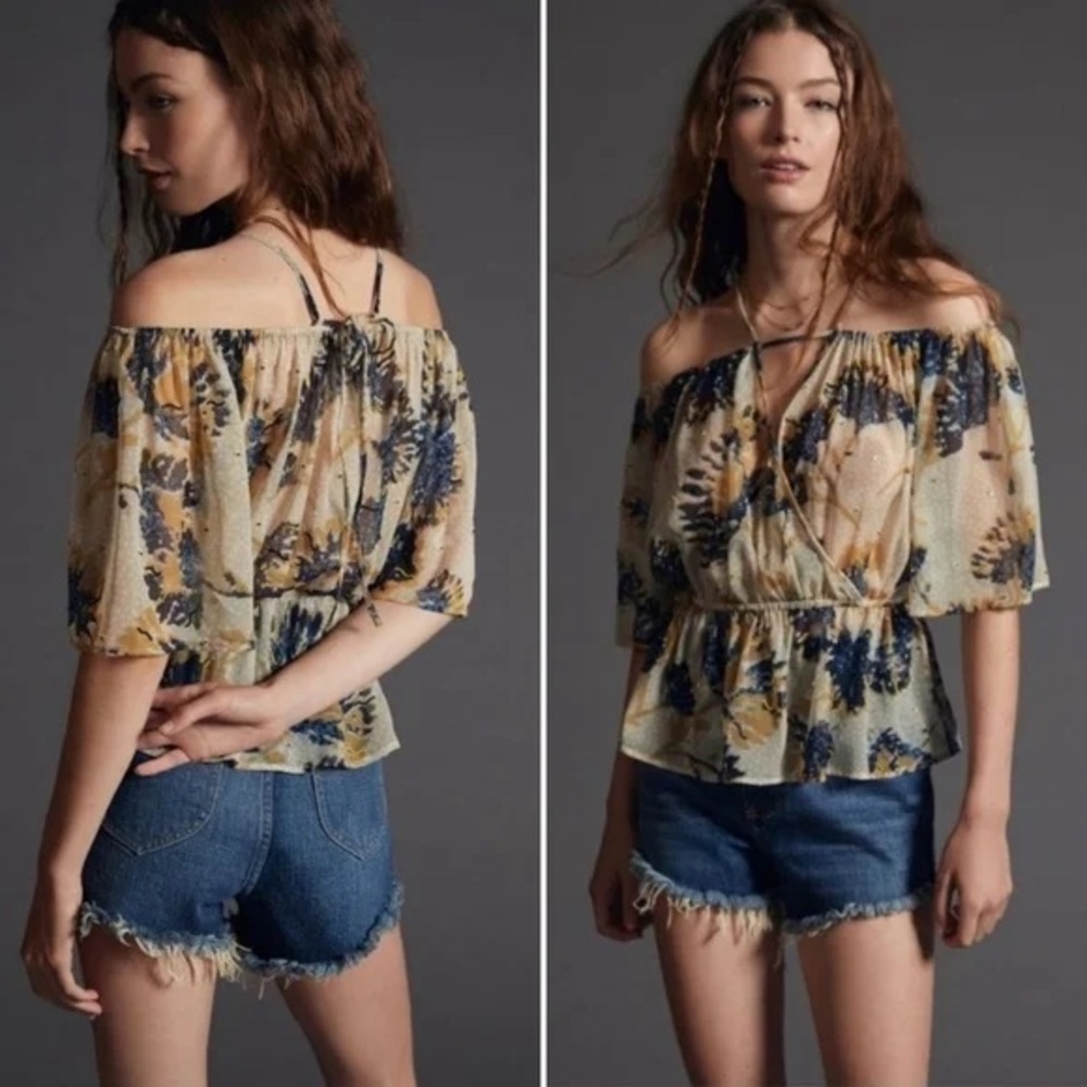 NWT Anthropologie Let Me Be Off The Shoulder Sheer Blouse Tan Yellow Beaded XS